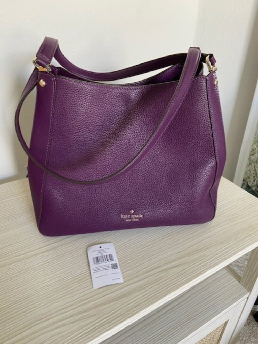 Kate Spade Ripe Plum Med Leila Triple Compartment Pebbled Leather Shoulder Bag